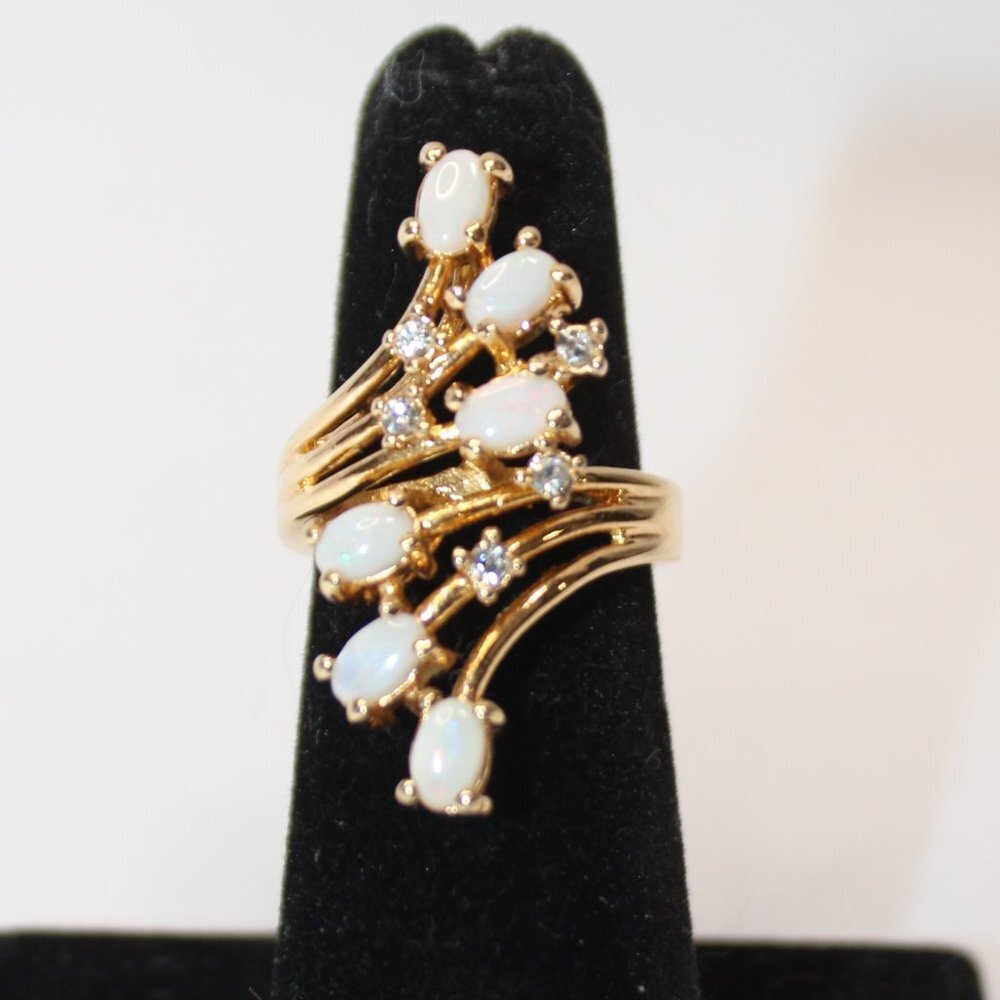Vintage Faux Opal and Rhinestone Gold Plated Large Spray Ring